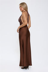 Wardrobe Defined Halter Satin Maxi Dress Brown
