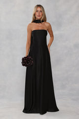 The Serina Strapless Satin Maxi Dress Black