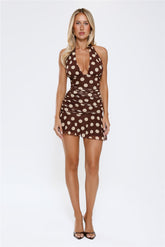 Social Glow Halter Polka Dot Mini Dress Brown