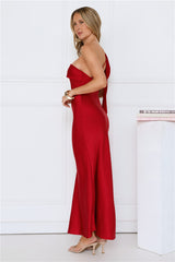 Romantic Tales Satin One Shoulder Maxi Dress Red
