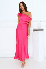 Late Night Luxe Off Shoulder Satin Maxi Dress Pink