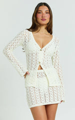 Henrietta Top - Long Sleeve Button Front V Neck Knit Top in Off White