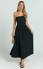 Polly Midi Dress - Strapless Ruched Dress in Black