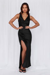 The Loretta Cowl Satin Maxi Dress Black