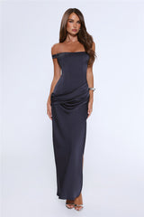 The After Party Off Shoulder Satin Maxi Dress Navy