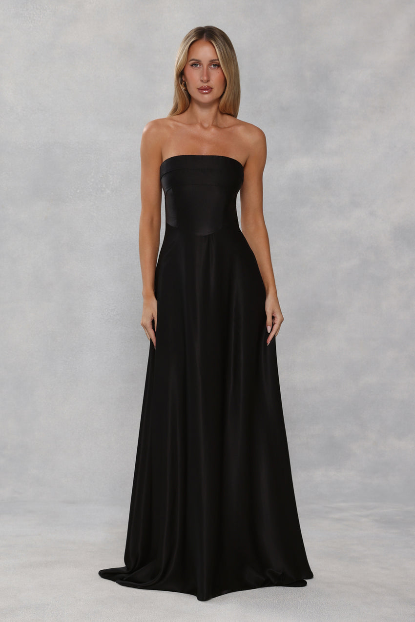 The Serina Strapless Satin Maxi Dress Black