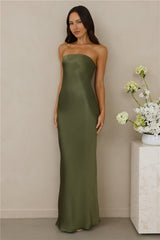 The Felicity Strapless Satin Maxi Dress Olive
