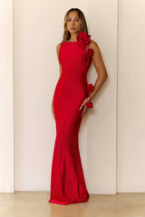 Satin Rose Embellished Maxi Dress Red