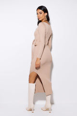 Season Style Ribbed Midi Dress Beige