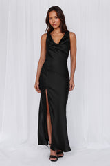 The Loretta Cowl Satin Maxi Dress Black