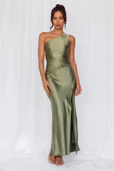The Aurora One Shoulder Satin Maxi Dress Olive