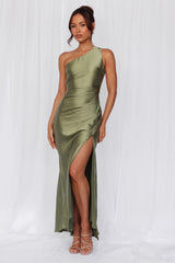 The Aurora One Shoulder Satin Maxi Dress Olive